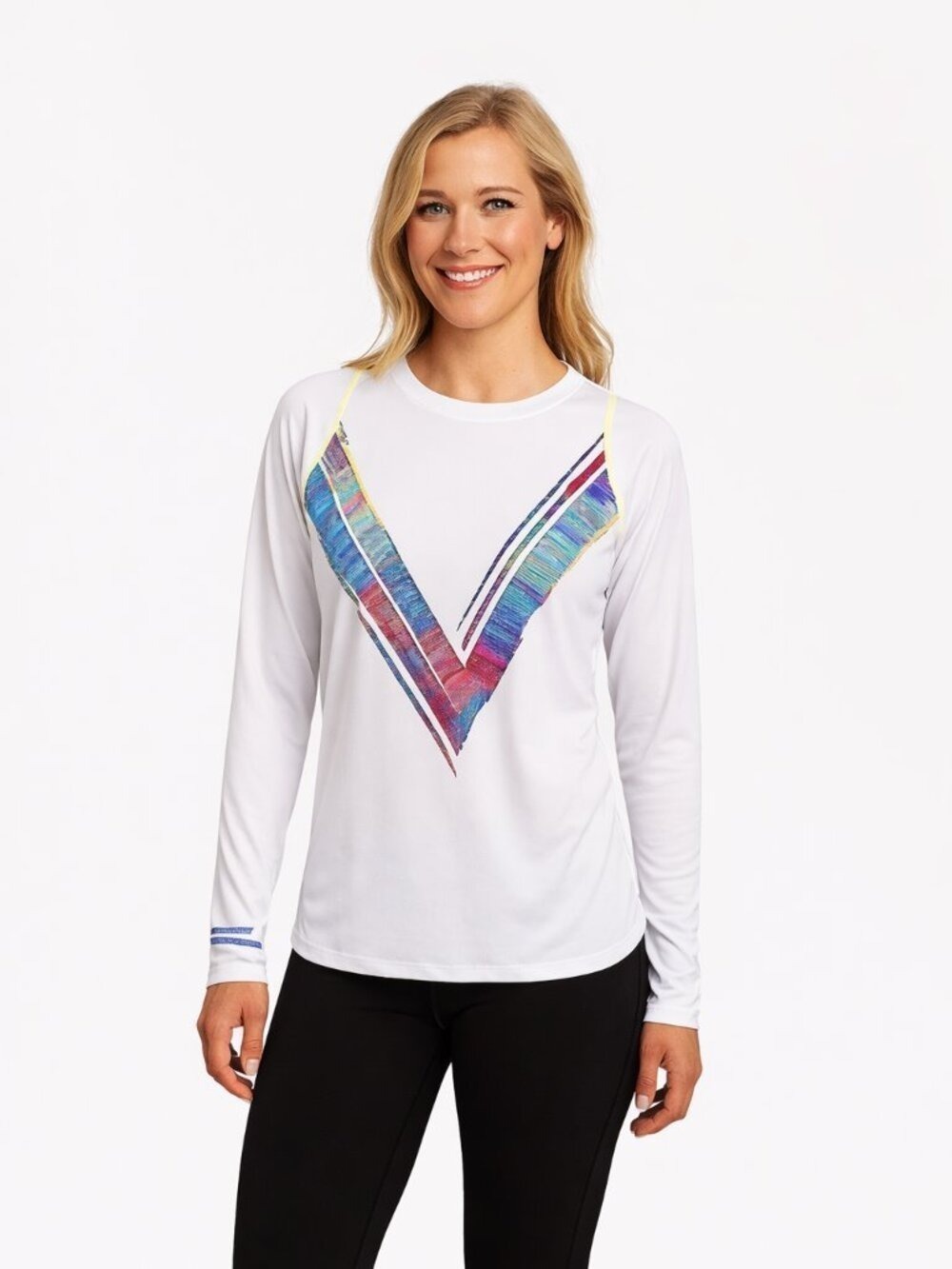 Lucky in Love White Tennis Top XL | Neon Trim & Colorful Chevron Print